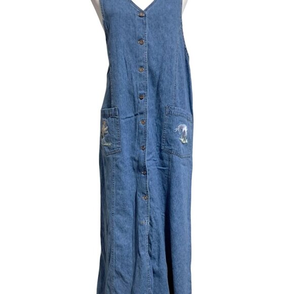 90s Disney Store XL Denim Button Front Jumper Dress READ With Tigger & Eeyore Em - Picture 1 of 14